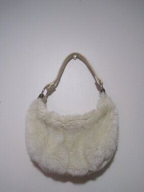 Limited Too Cream Faux Fur Leather Handle Strap Zipper Closure Small Purse Bag